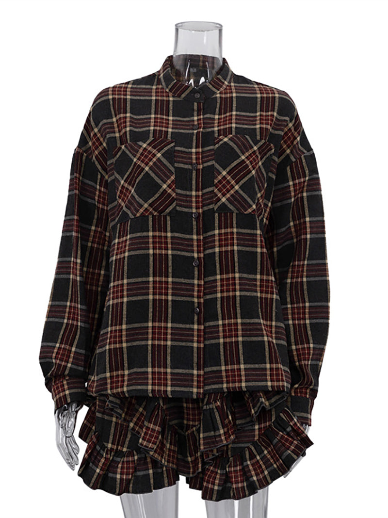 Fashion Loose Plaid Shirt And Ruffled Mini Skirt Set