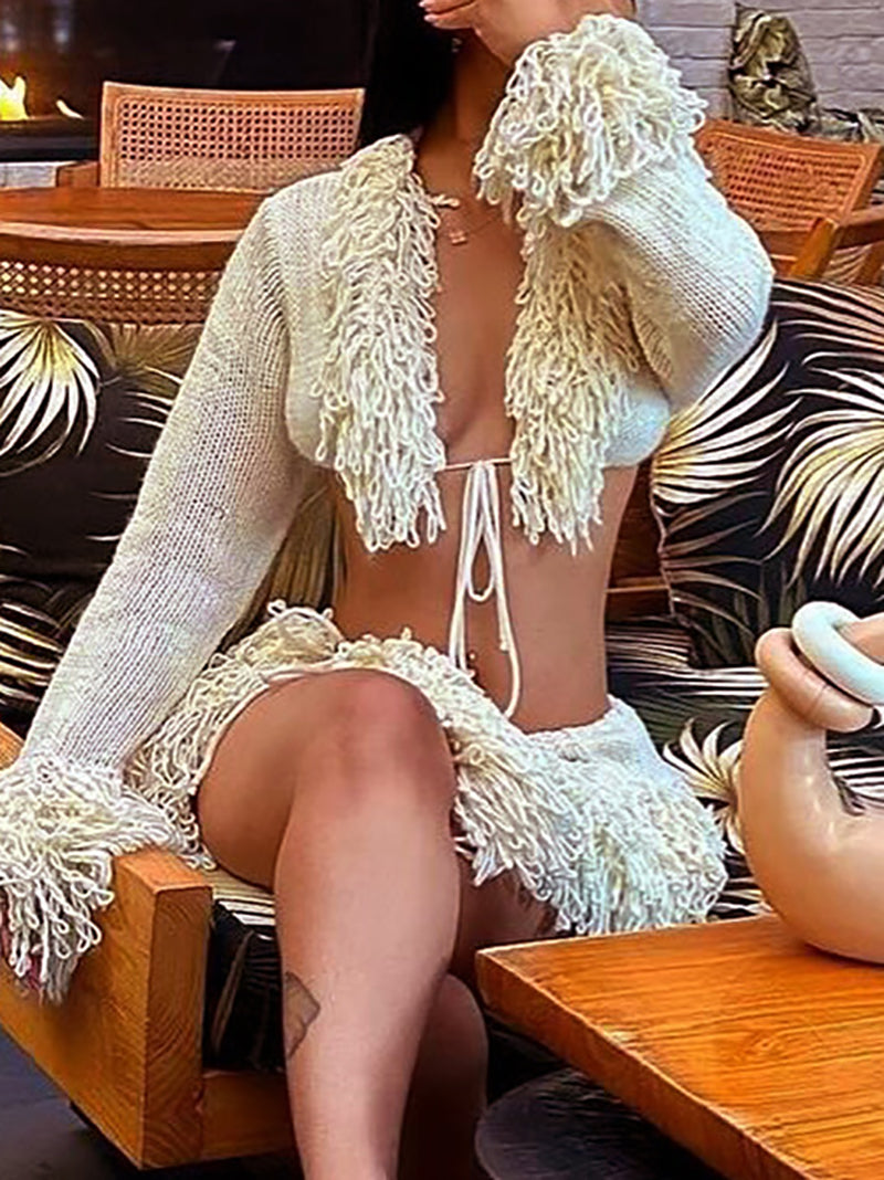 Knit Tassel Cropped Top Mini Skirts Two Piece Set