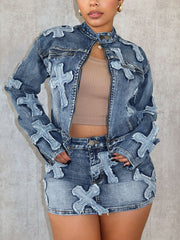 Crucifix Denim Jacket Short Skirt Sets