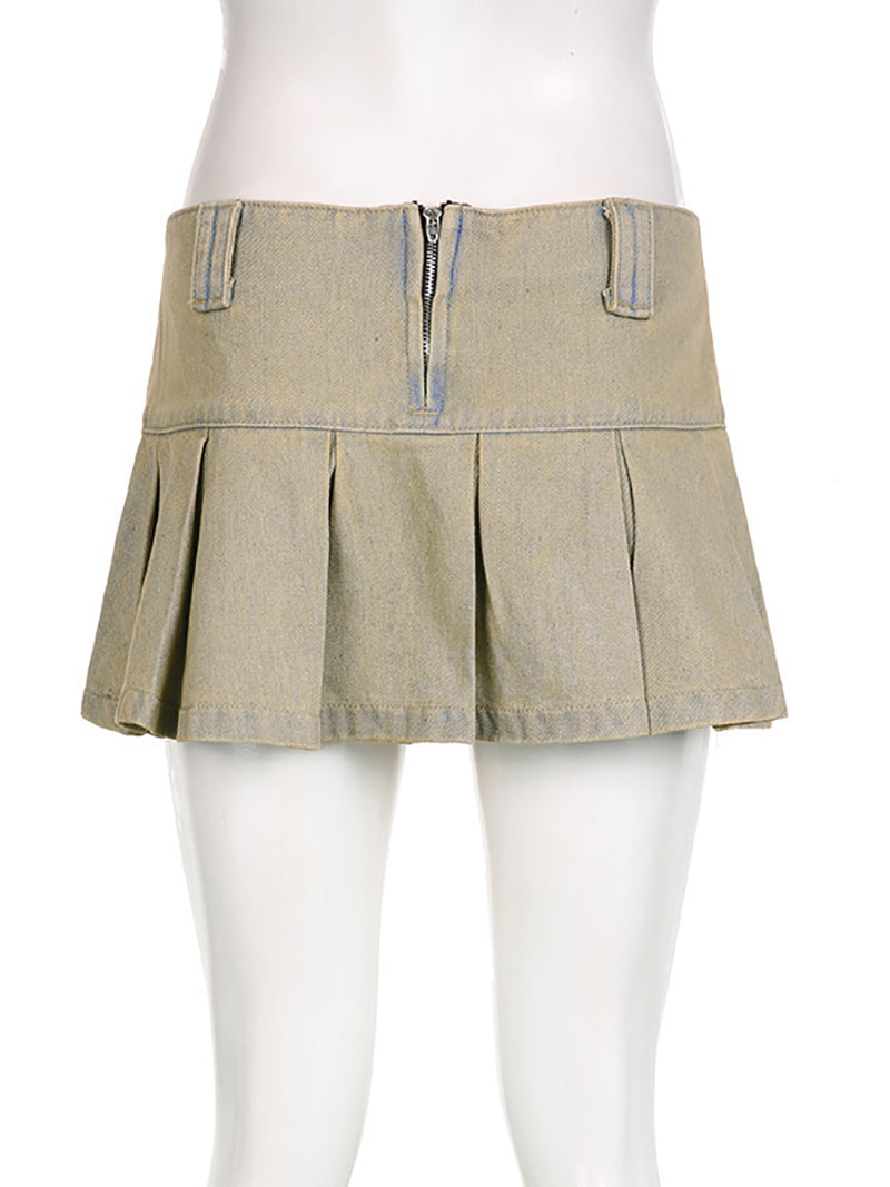 Fashion Zipper Pleated Denim Skirt