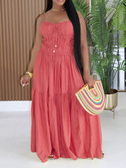 Sexy Spaghetti Strap Backless Sleeve Ruched Maxi Dress
