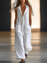 Sleeveless Shirt Collar Button Normal Jumpsuit