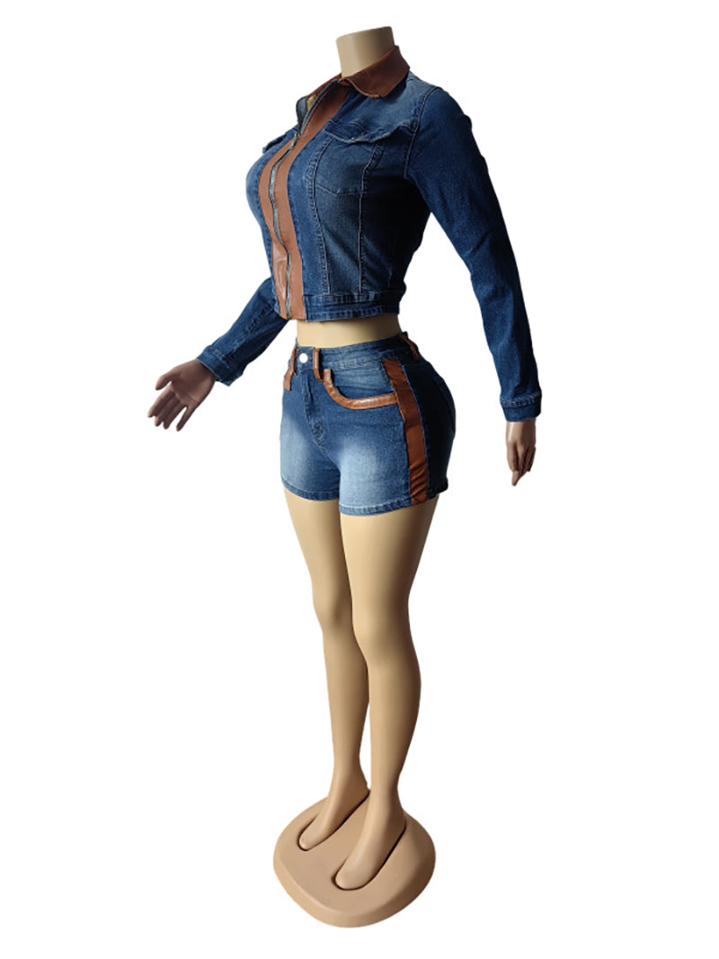 Retro Contrast Color Patchwork Denim Jacket Shorts Set