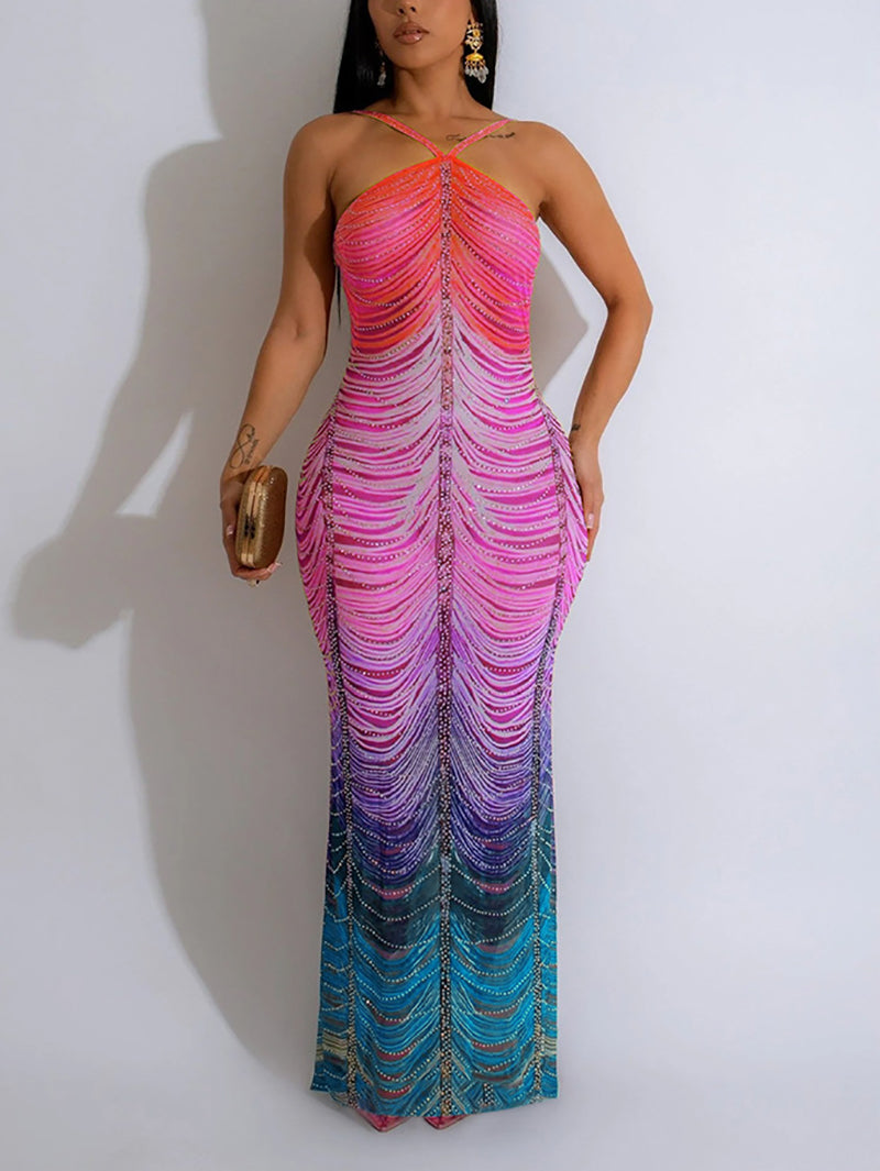 Gradient Color Print Rhinestones Sleeveless Maxi Dress