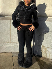 Fur-Trimmed Rhinestone Hoodie Trousers Two Piece