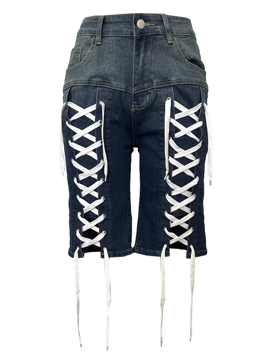 Drawstring Lace-up Washed Denim Shorts