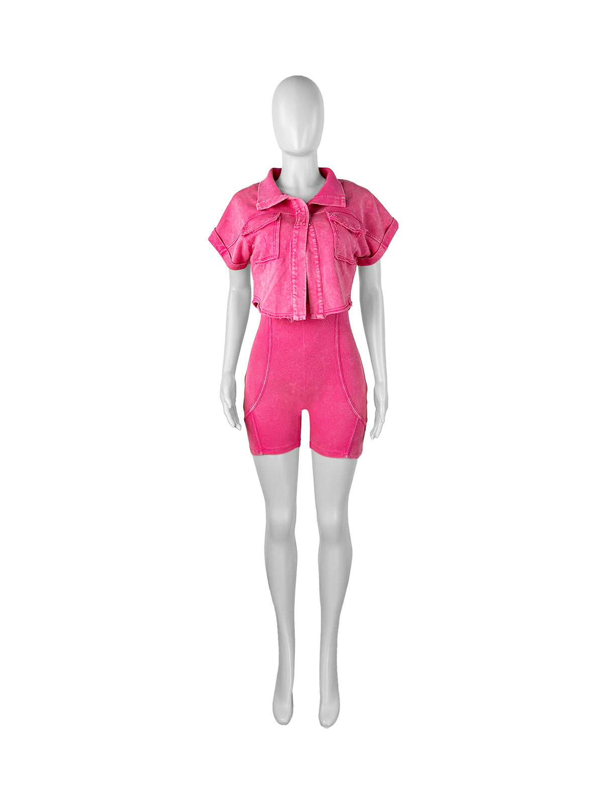 Casual Washed Cropped Jacket Ribbed Romper Set
