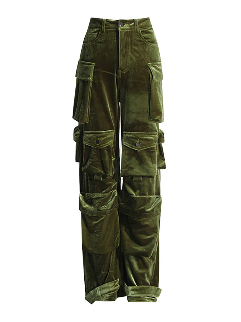 Fashion Velvet Multi Pockets High Waist Cargo Pants