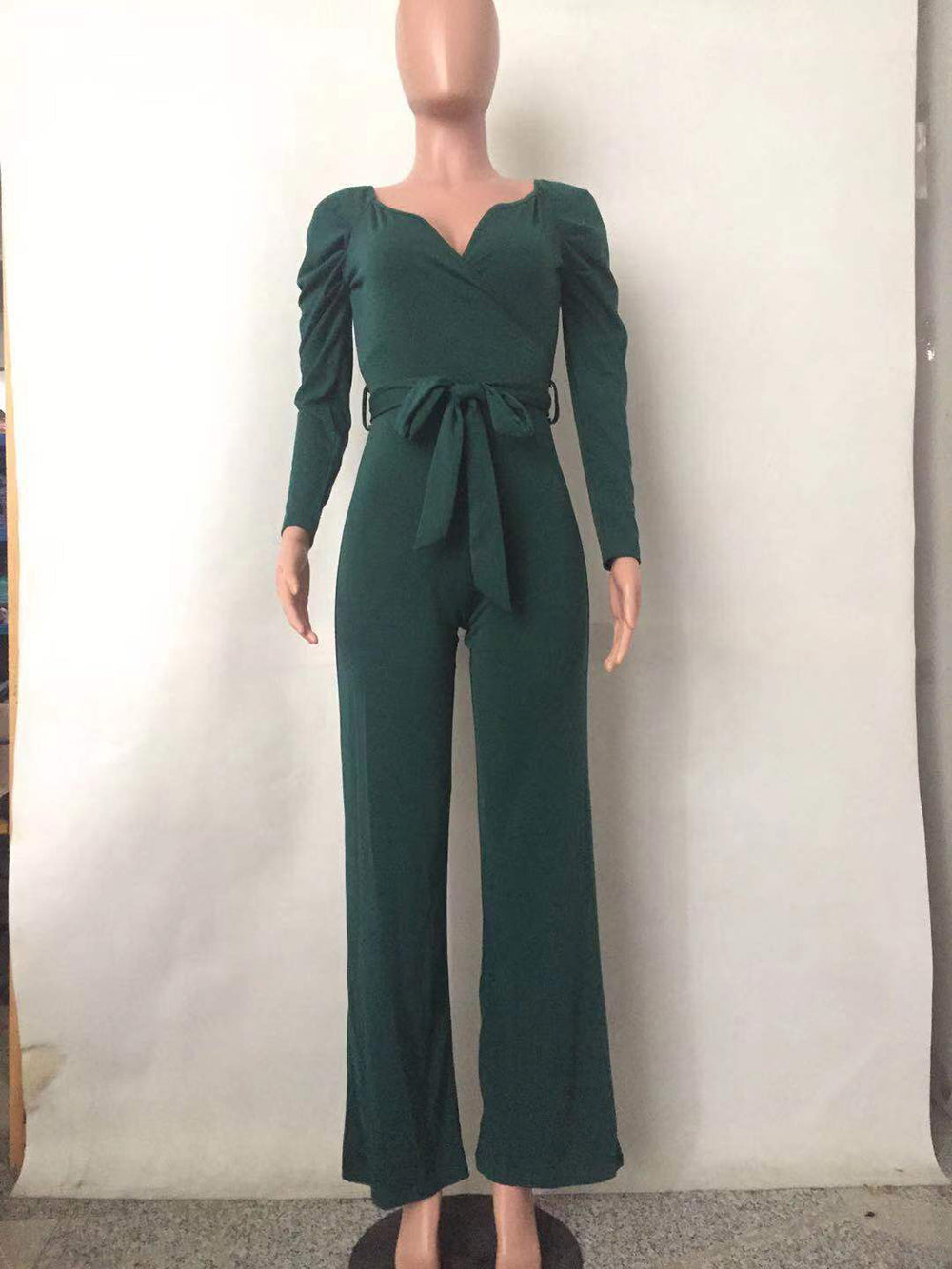 Solid Color V Neck Slim Fit Jumpsuit