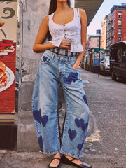 Vintage Baggy Heart Printed Ankle Jeans