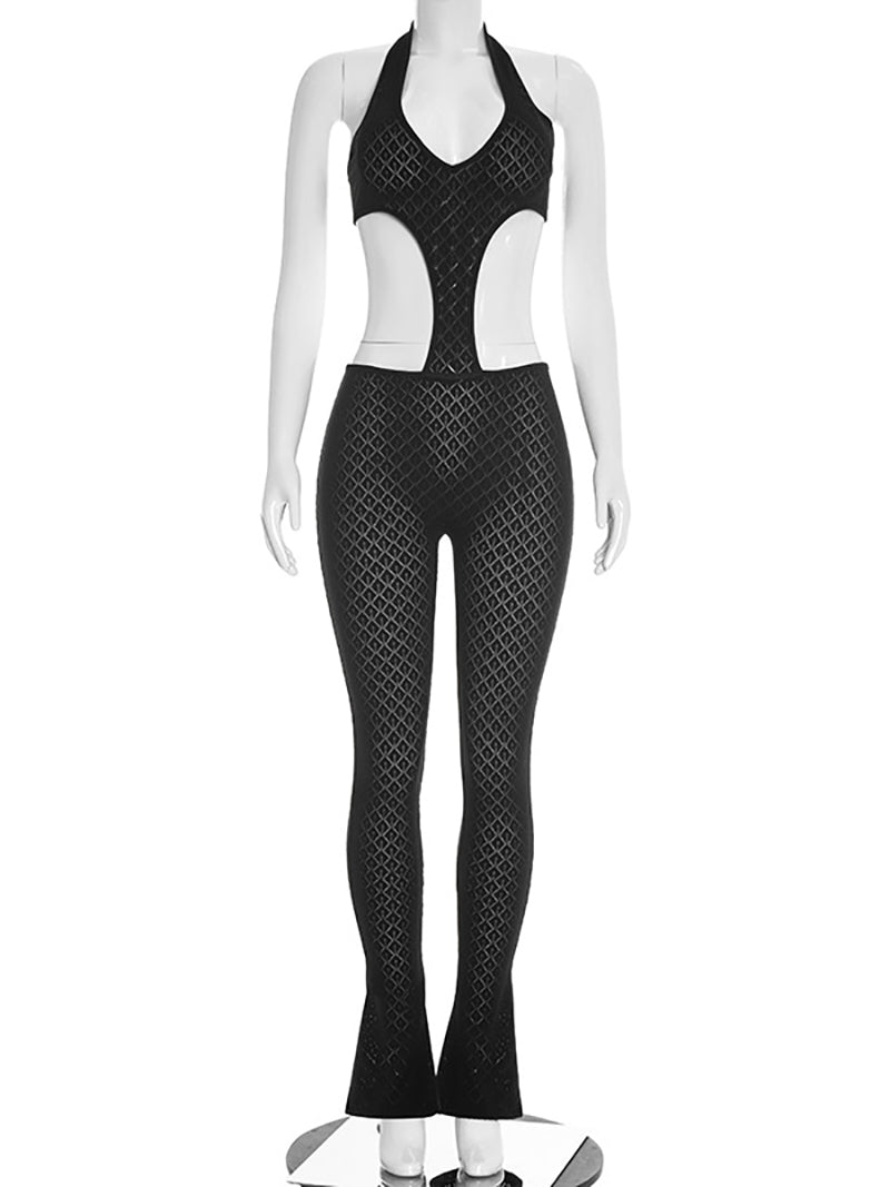 Sexy See-Through Hollow Out Knit Tight Jumpsuit