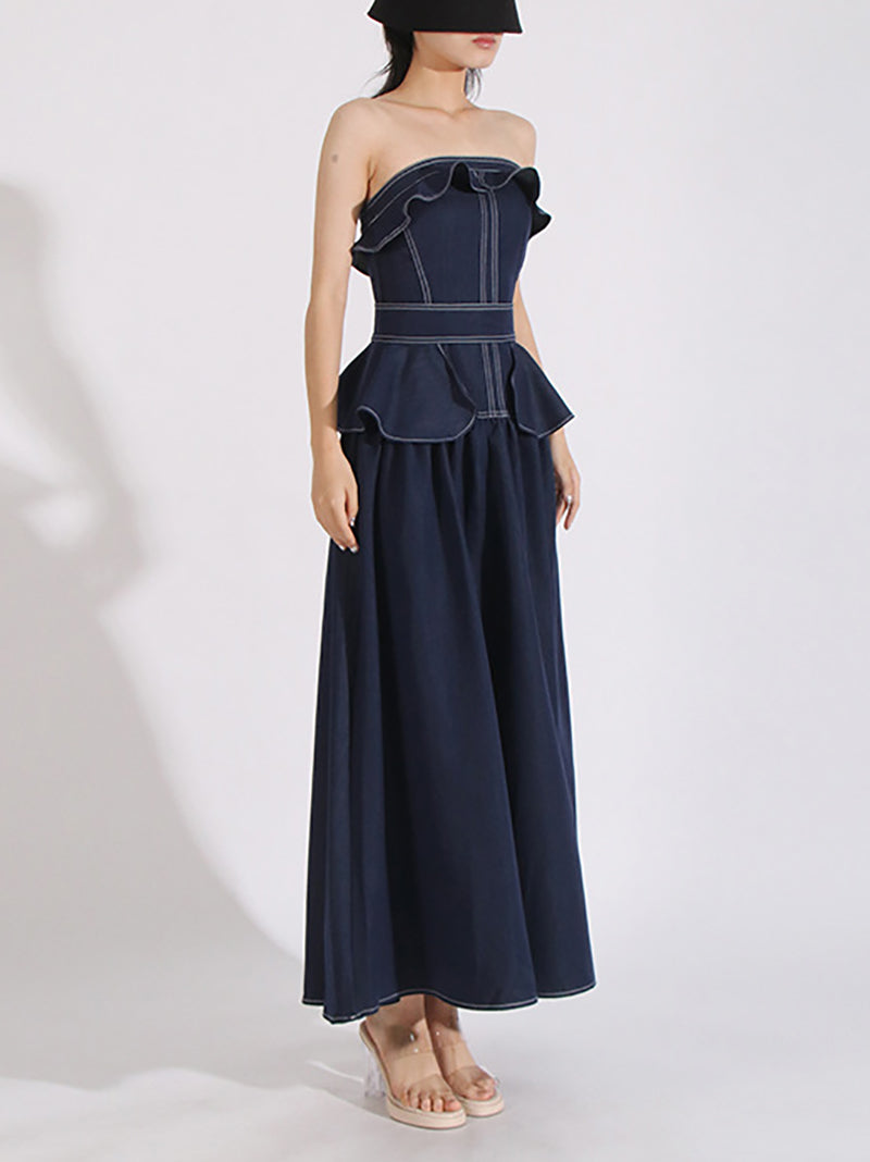 Fashion Strapless Ruffles Slim Maxi Dress