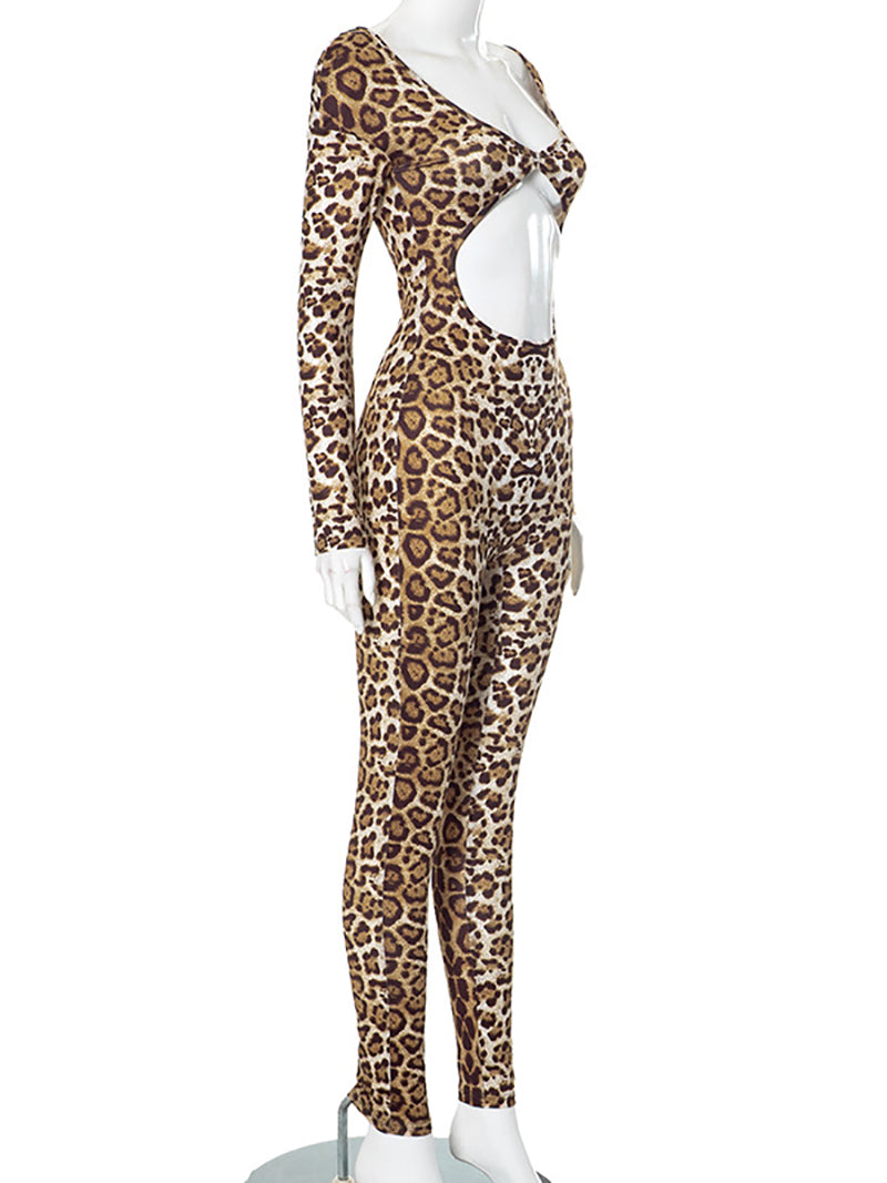 Sexy Leopard Print Hollow out Tight Jumpsuit