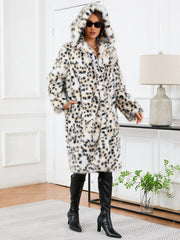 Faux Fur Allover Print Long Sleeve Long Fashion Coat