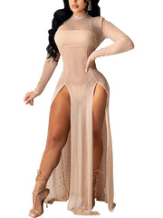Sexy Sheer Mesh Rhinestone Maxi Slit Dress