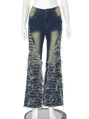 Washed Denim Fuzzy Trim Flared Jeans