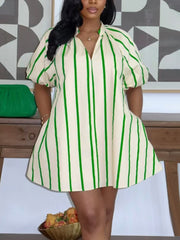 Casual Stripe Puff Sleeve Loose Mini Dress