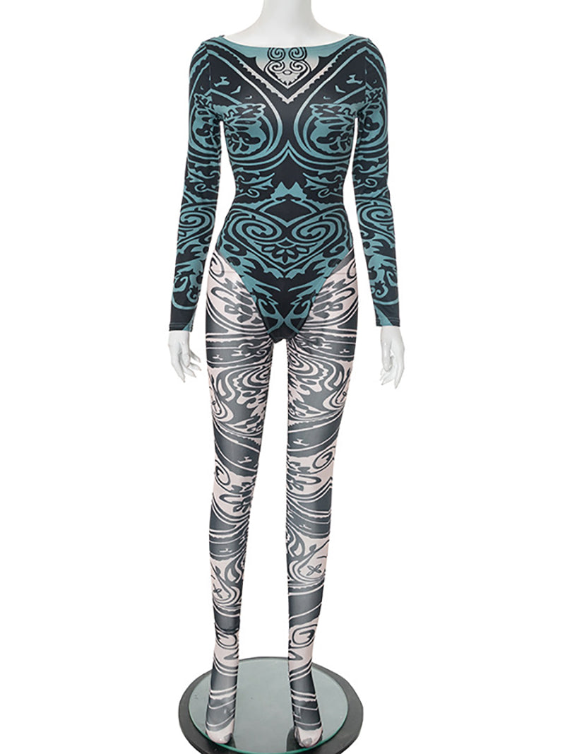 Sexy Sheer Mesh Print Bodysuit And Tight Pants Set