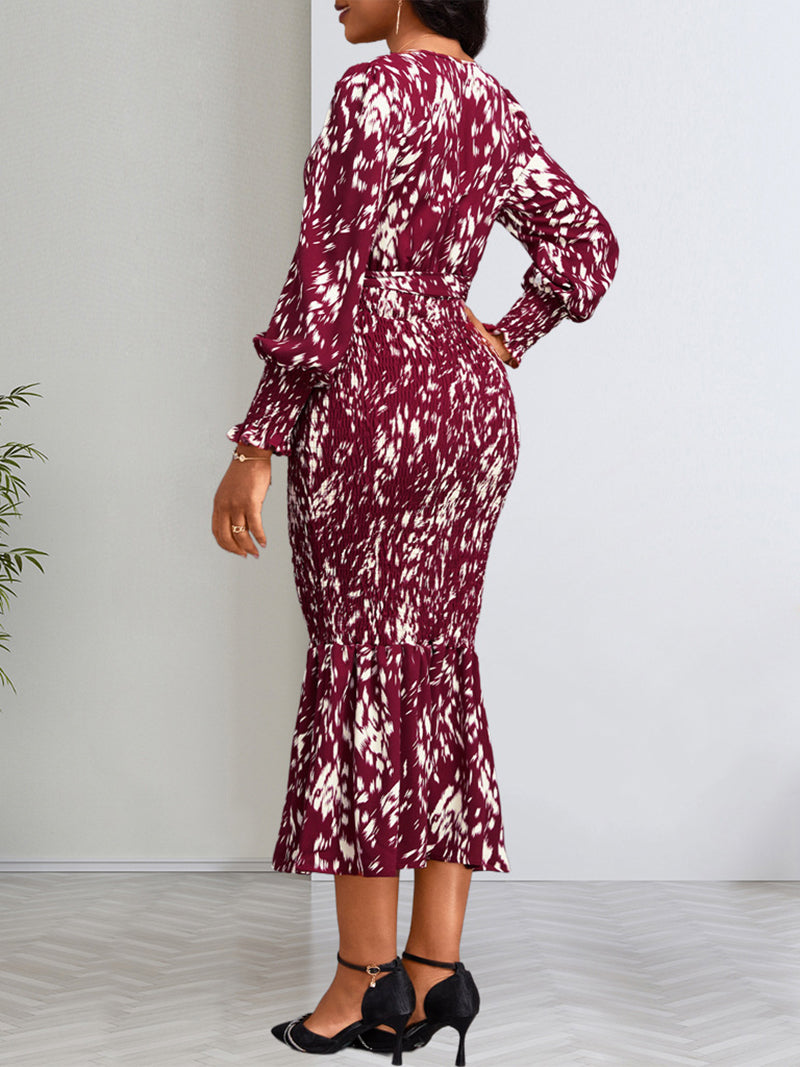 Fashion V Neck Print Fishtail Wrap Dress