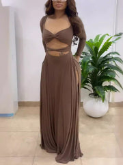 Square Neck Hollow Out Tight Split Maxi Dress