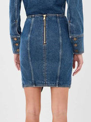 Gold Buckle Slit Denim Mini Skirt