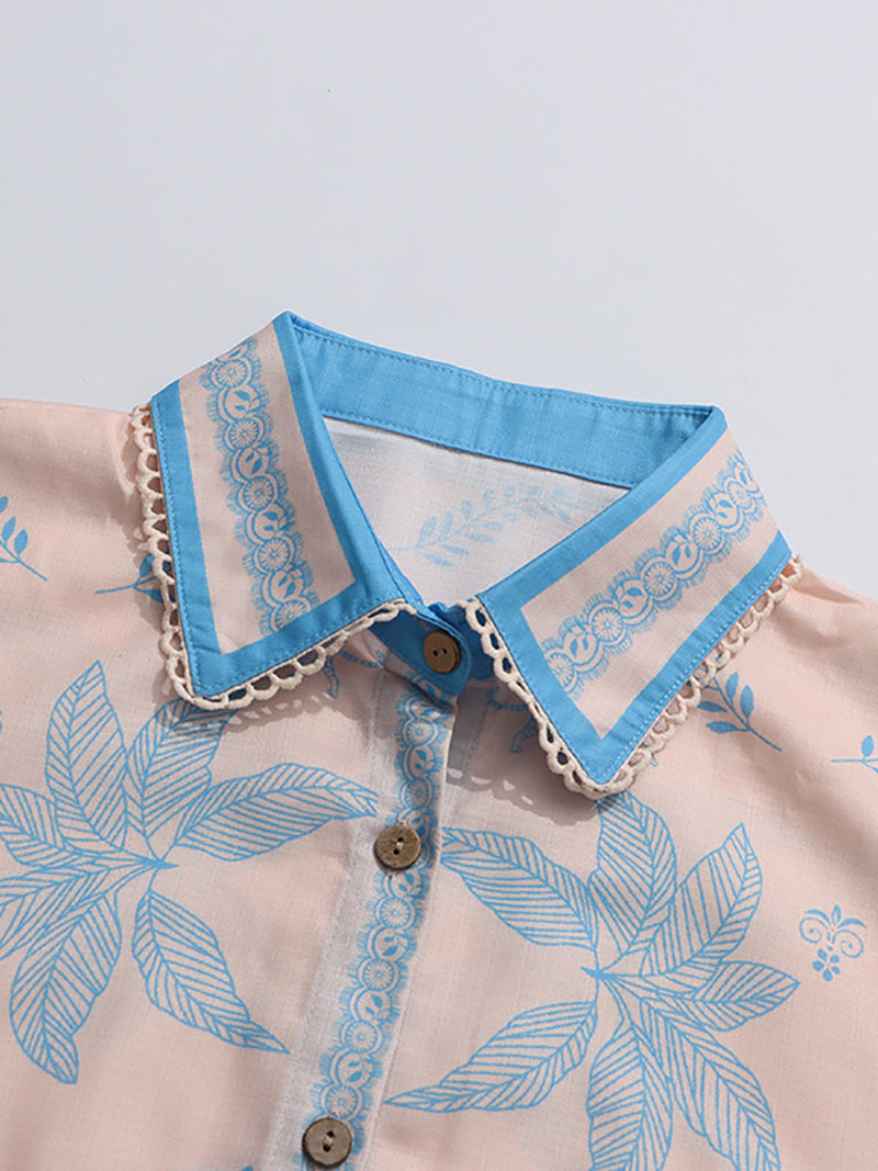 Print Puff Short Sleeve Shirt And Straight Pants Set