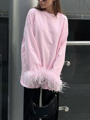 Causal Round Neck Long Sleeve Patchwork Feather T Shirt