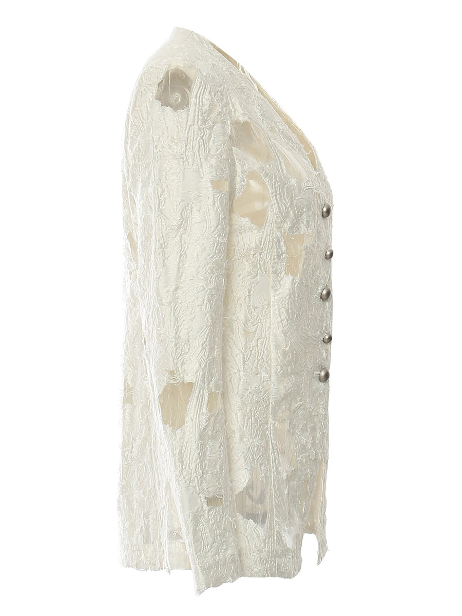 Beaded Mottled Hollow Out Jacquard Blazer