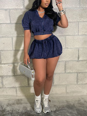 Fashion Zipper Crop Top Bubble Skirt Casual  Set