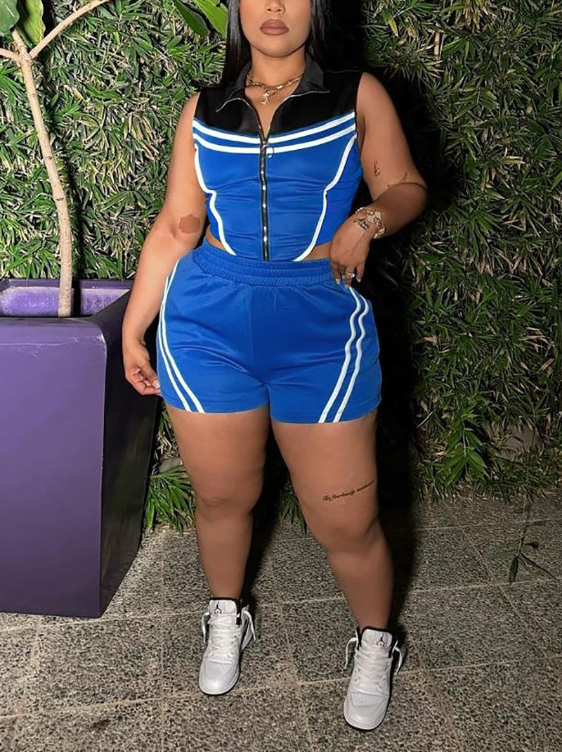 Casual Stripe Patchwork Sleeveless Top Shorts Sets