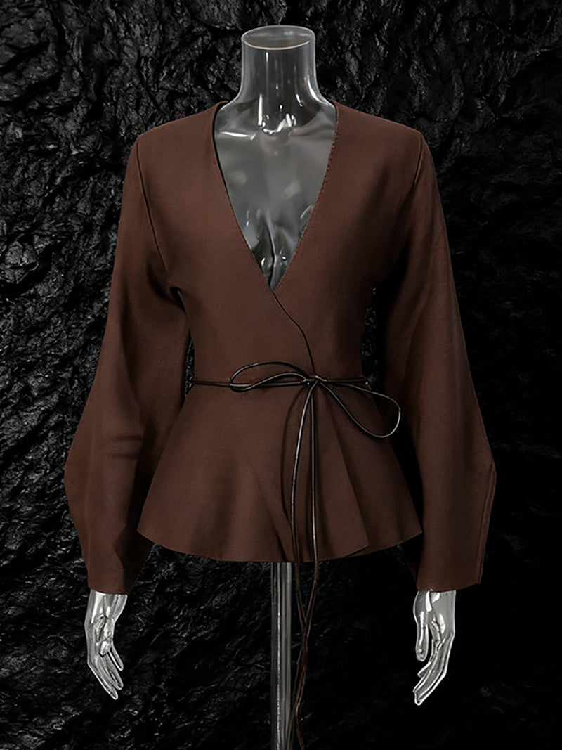 Elegant V-neck Cinched Waist Cardigan Coat