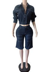 Contrast Stitch Denim Jacket and Bermuda Shorts Set