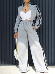 Stripe Crop Jacket And Wide Leg Pants Sports Set