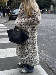 Elegant Leopard Print Faux Fur Long Coat