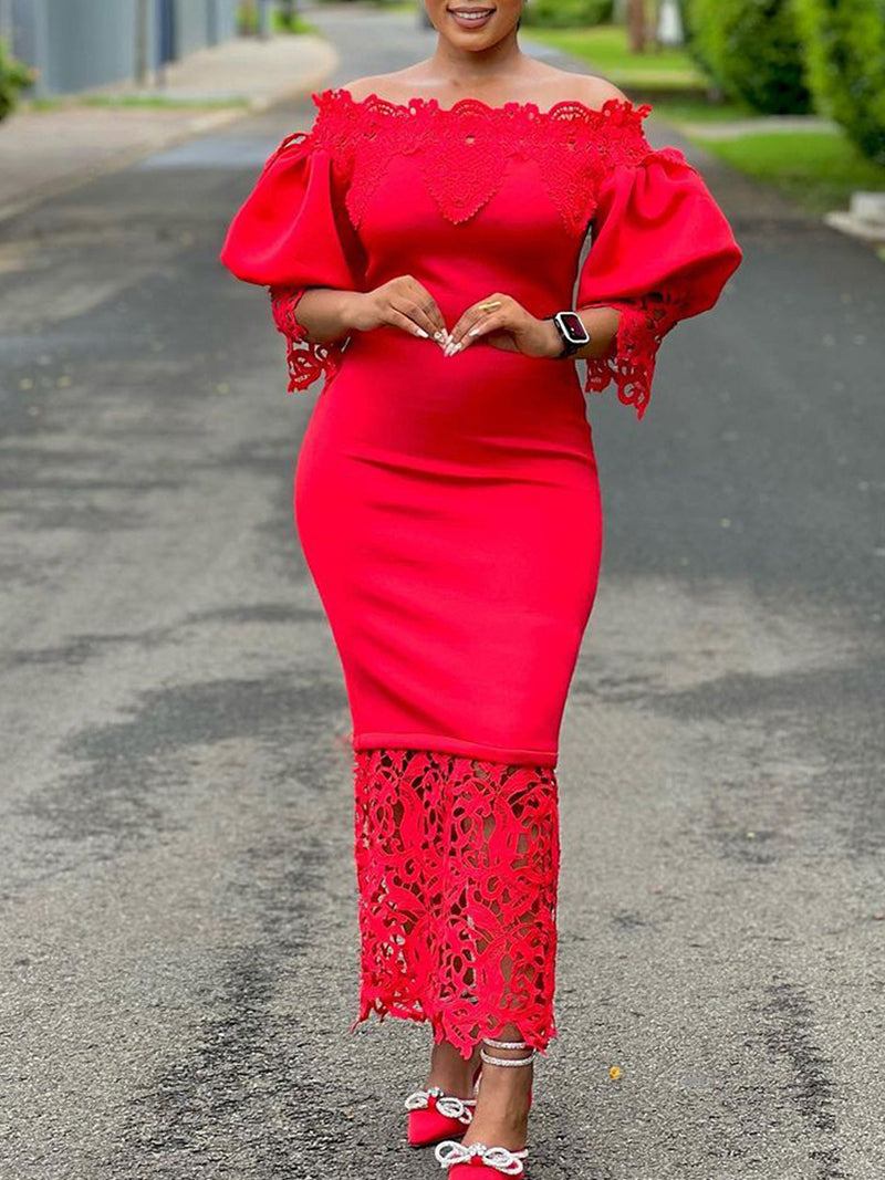 Elegant Off Shoulder Puff Sleeve Patchwork Lace Dress