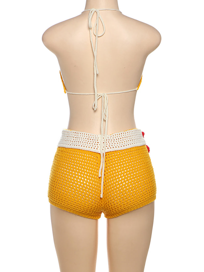 Sexy Bikini Crochet Flower Embellishment Shorts Set