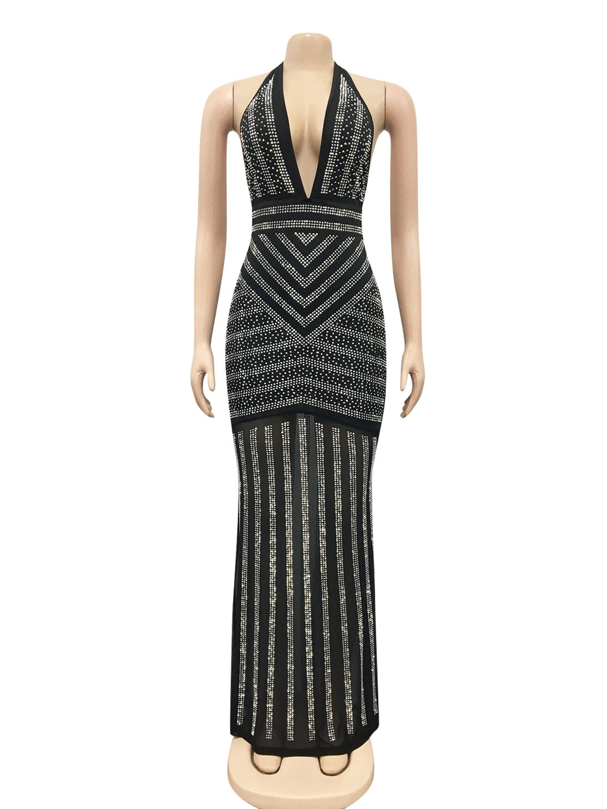 Sexy Deep V Backless Rhinestone Club Maxi Dress