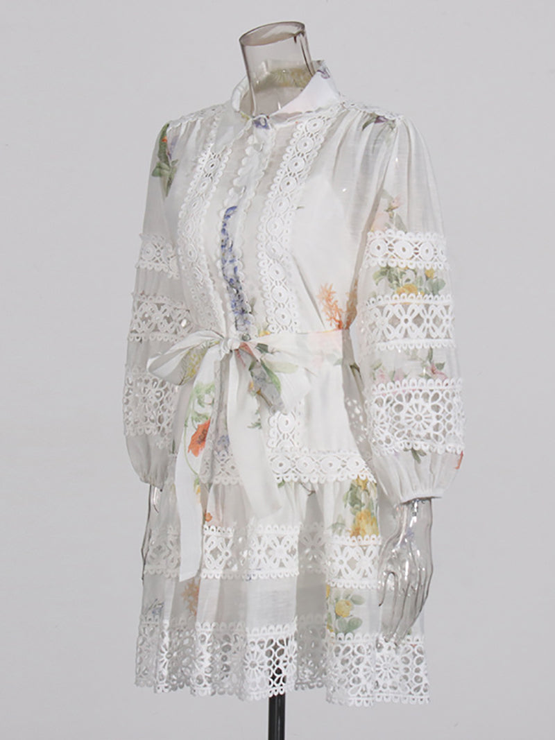 Fashion Print Lapel Puff Sleeve Lace-Up Dress
