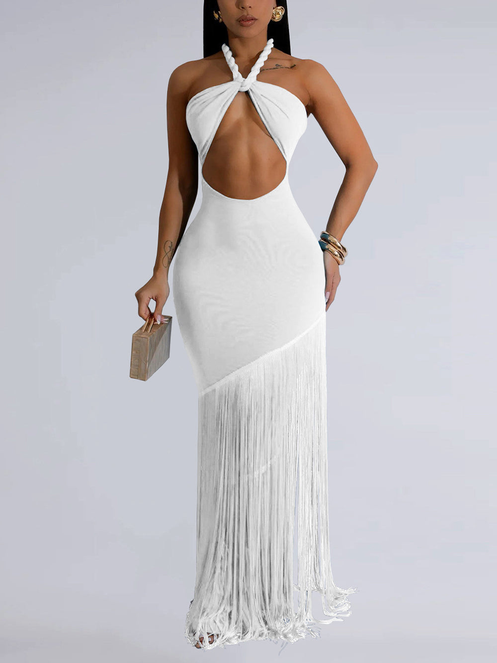 Sexy Halter Lace-up Fringes Maxi Dress