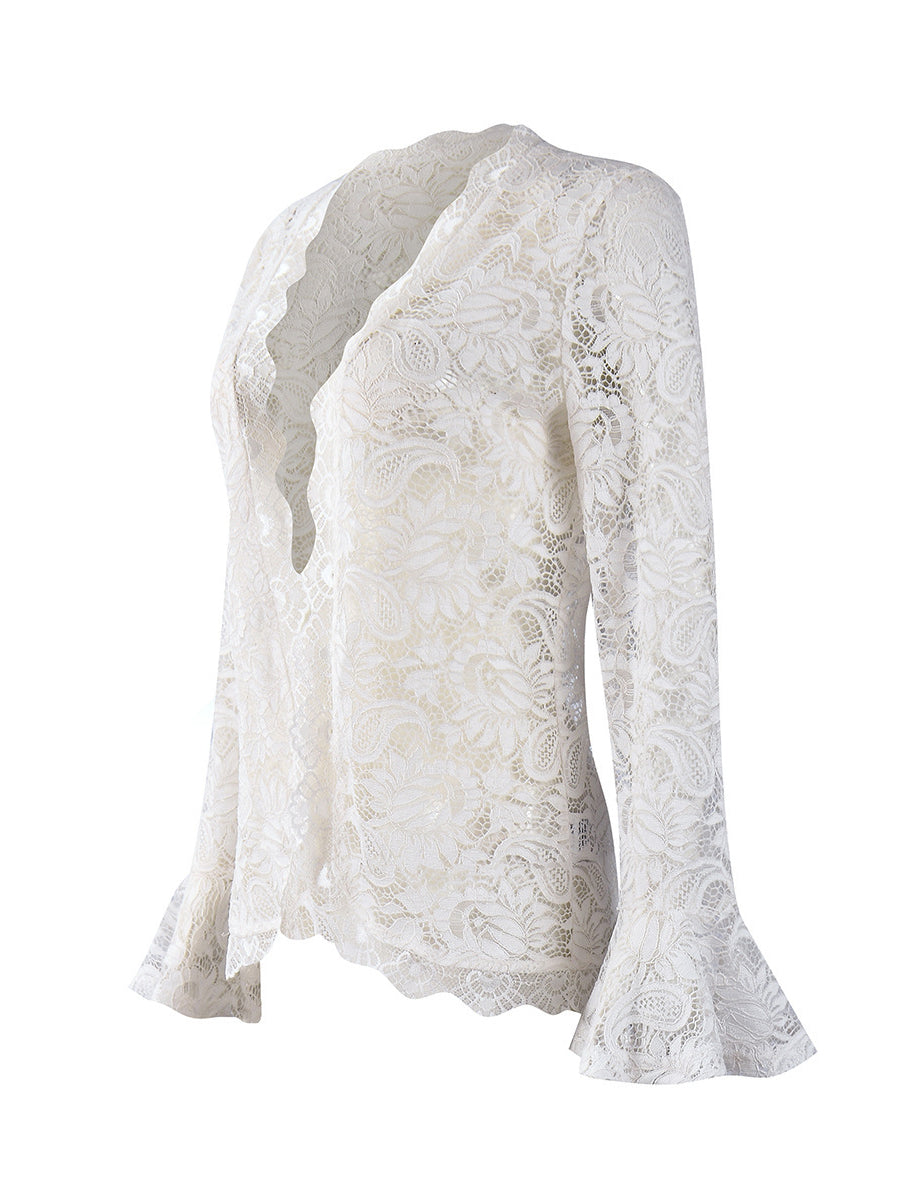 Casual Flare Sleeve Ruffle Trim Sheer Lace Jacket