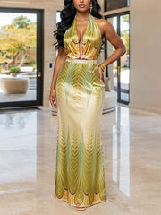 Sexy Halterneck Deep V Print Maxi Dress