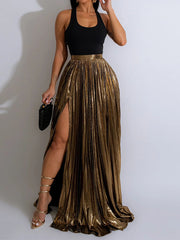 Fashion Metallic Pleated High-Slit Skirt