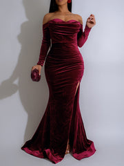 Elegant Off Shoulder Velvet Split Evening Dress