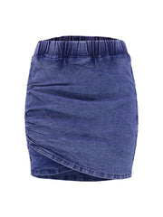 Casual Elastic Waist Wash Ruched Side Denim Skirt