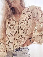 Elegant V Neck Lace Floral Hollow Out Shirt