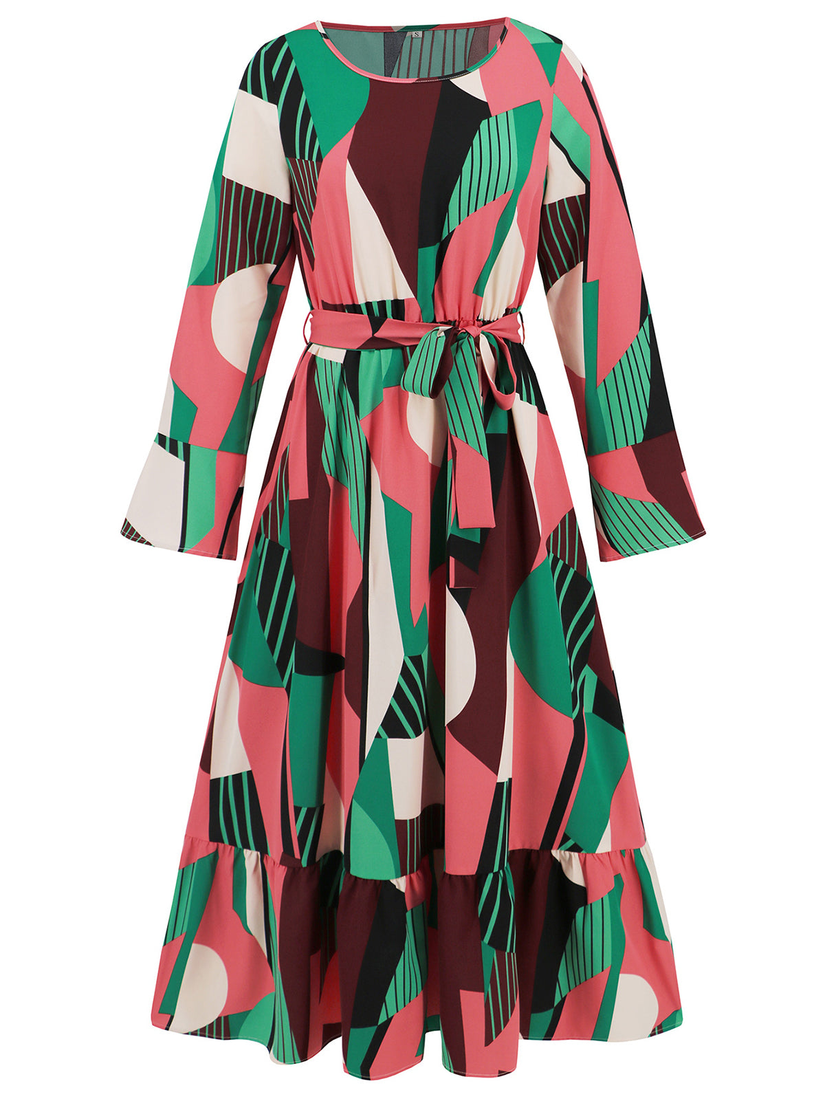 Casual Print Long Sleeve Bandage Midi Dress