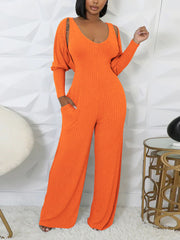 Casual Ribbed Jumpsuit Long Sleeve Cardigan Set