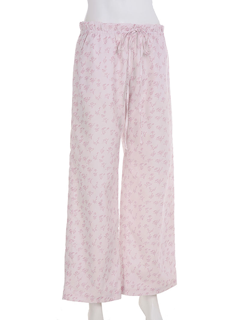 Drawstring Casual Floral Straight Trousers