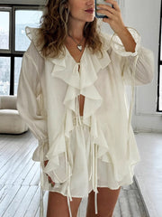 V-neck Lace-up Ruffled Top and Drawstring Shorts Set