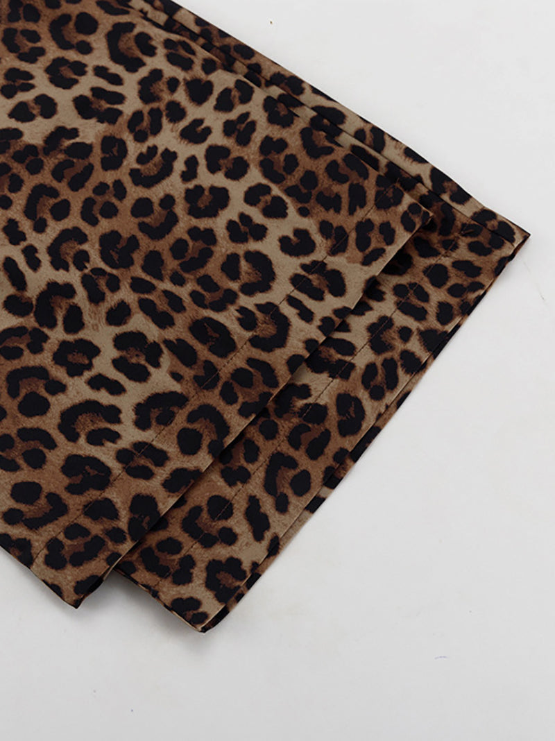 Leopard Print Patchwork Feather Long Sleeve 2 Piece Set